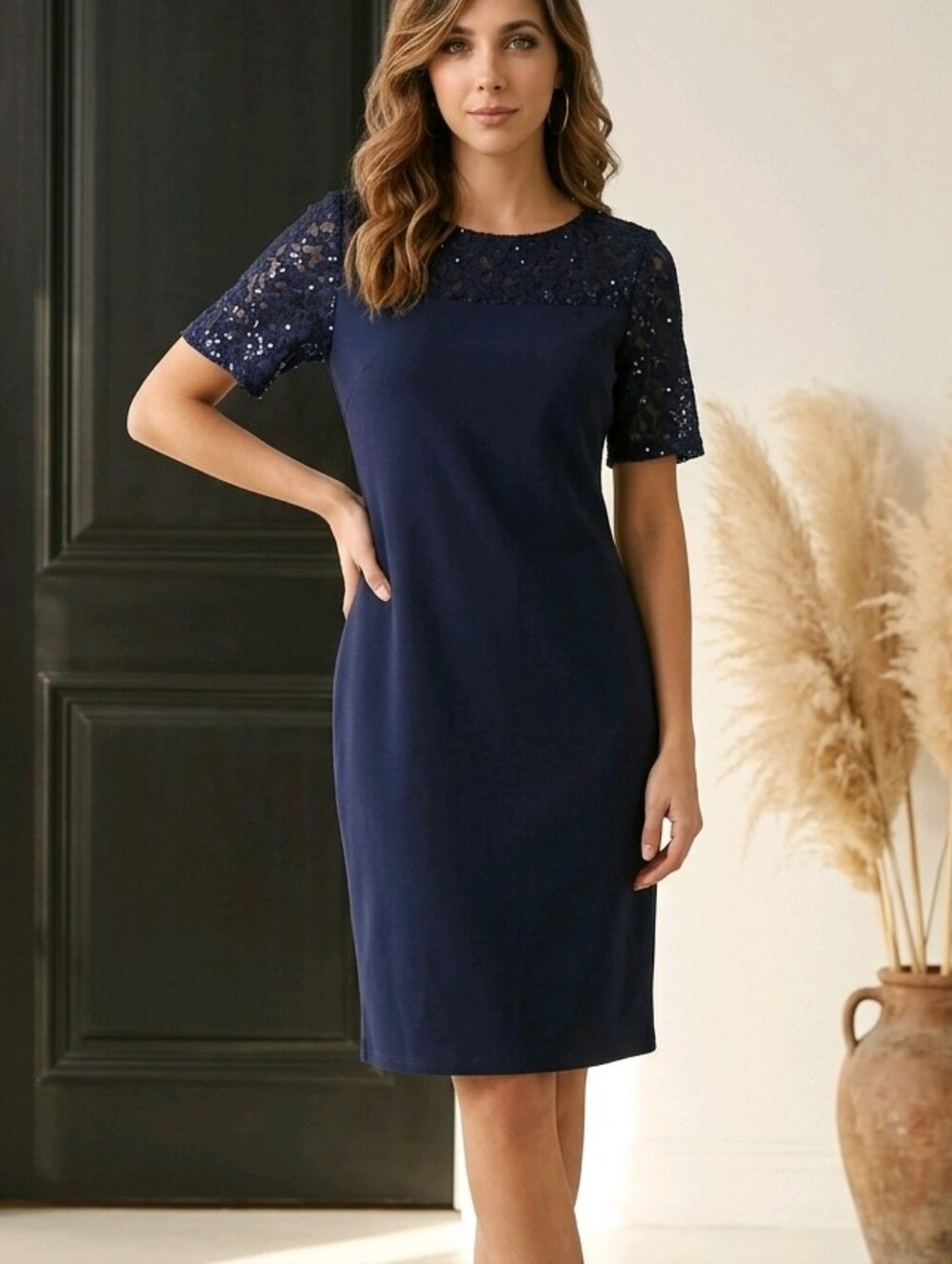 SLNY Navy Lace Yoke Short-Sleeve Sheath Dress